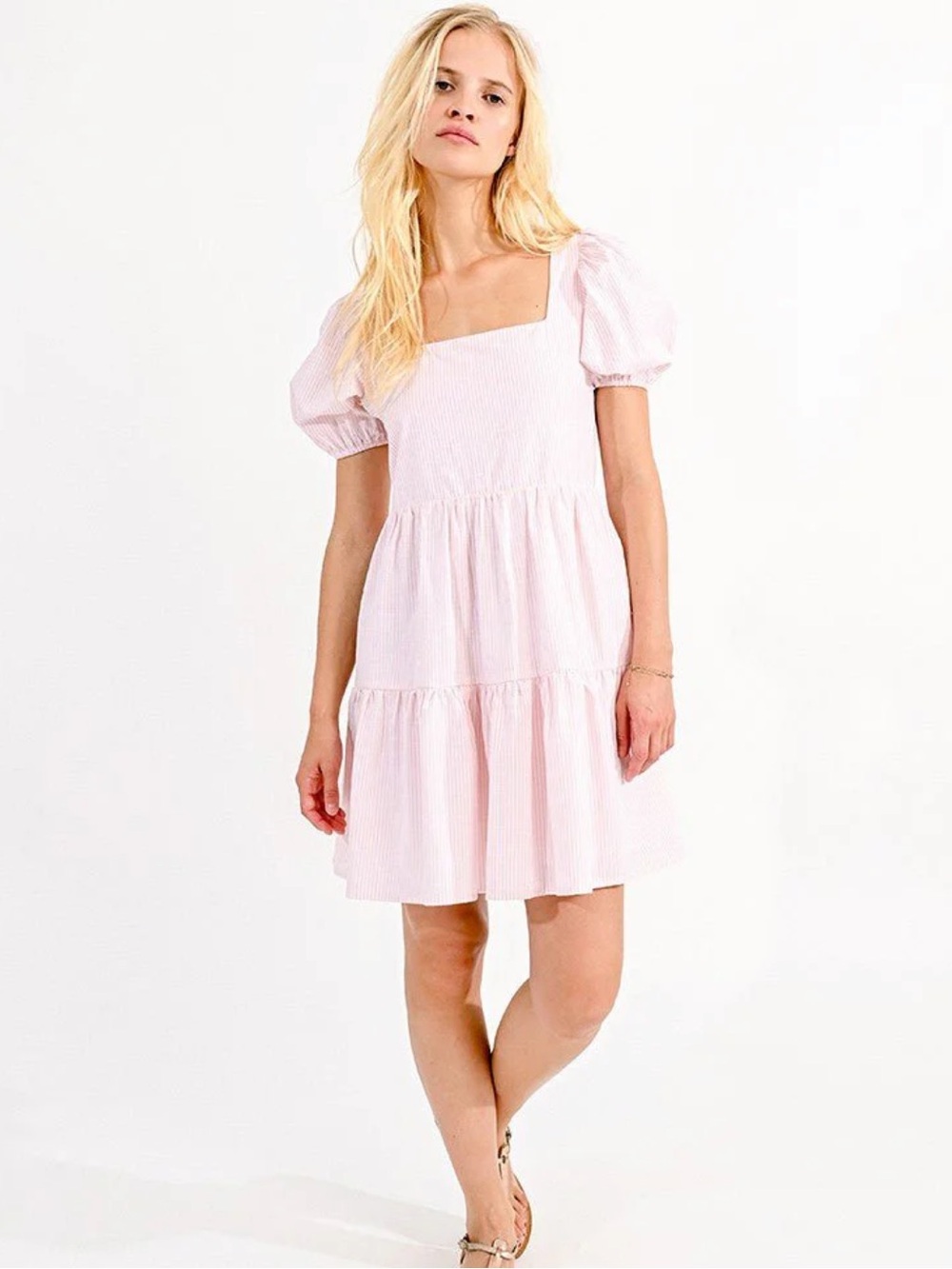 Molly Bracken Pastel Pink‎ and White Striped Square Neck Mini Dress NWOT Large